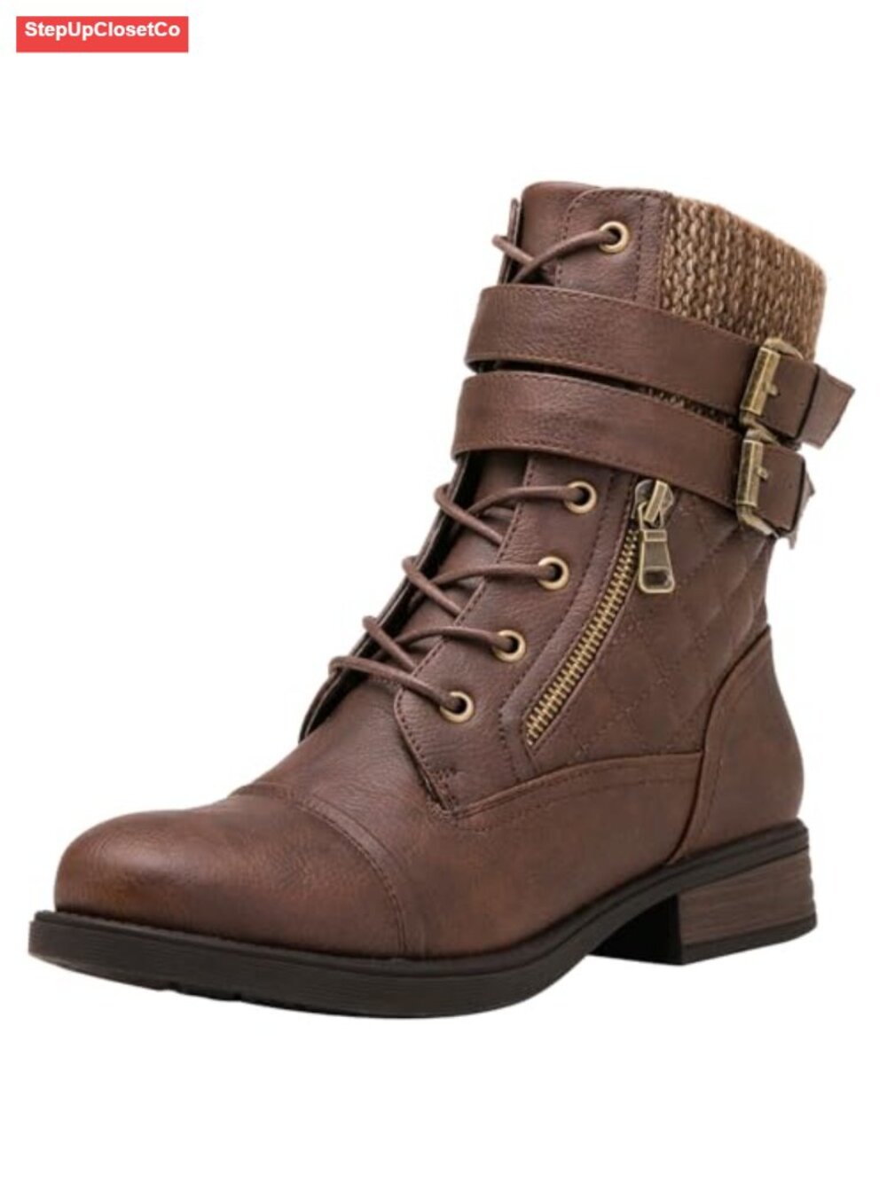 Women's Vegan Leather Low Heel Combat Ankle Boots with Side Zipper